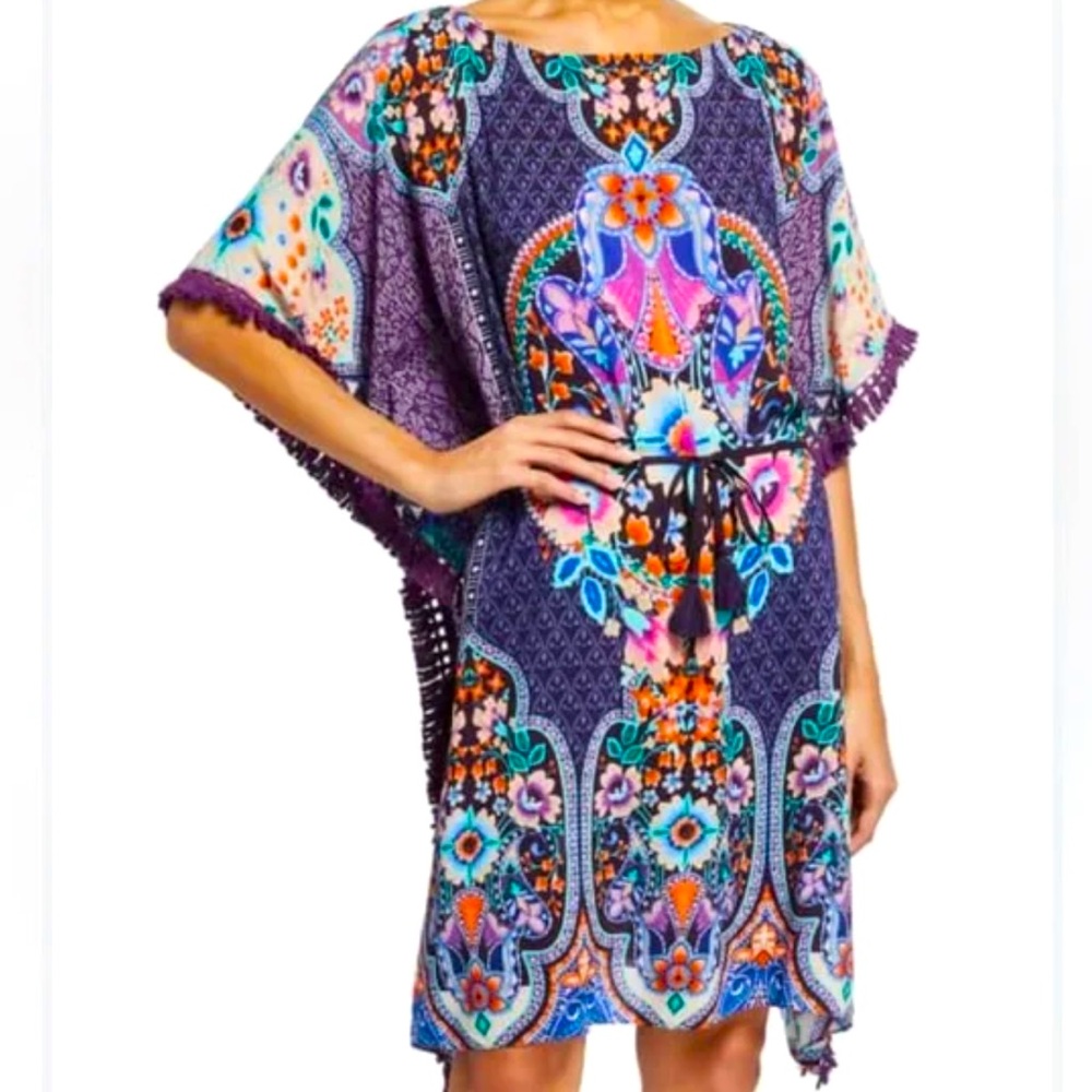 Johnny Was Saba Tunic Dress Coverup XS Purple Floral Fringe Kaftan Boho coverup